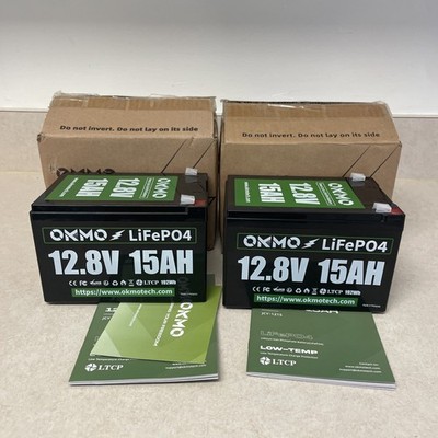 2PK OKMO 12V 15Ah LiFePO4 Lithium Battery 15000+ Deep Cycles Rechargeable