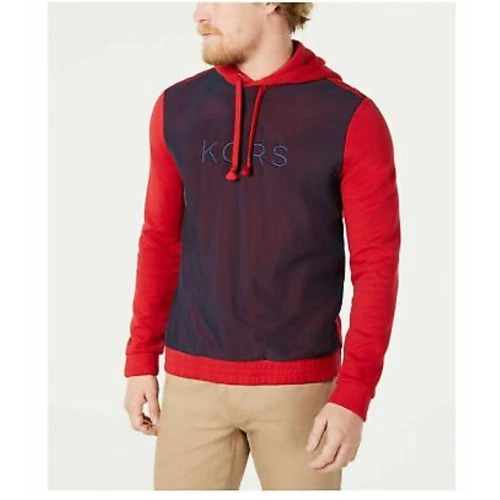 Michael Kors Felpa con Cappuccio Pullover Uomo Small Rosso Blu Colorblock Maglia Overlay