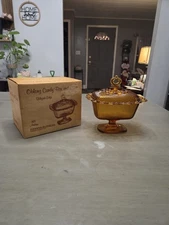 Vintage Indiana Glass Amber Filigree Open Lace Candy Box Dish W Lid Original Box
