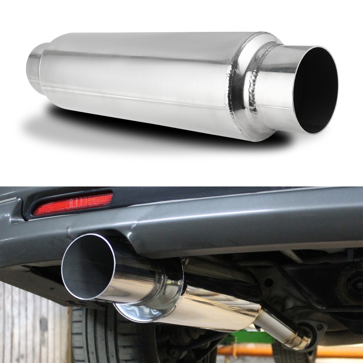 10 Inch Exhaust Tip Aero Exhaust Resonator - 2.5" In/Out, 14" OAL, 4" Round Body (304 Stainless Steel) Aero Ar25 Resonator