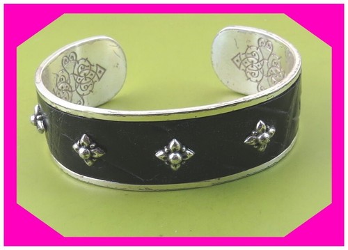 BRIGHTON JOPLIN Silver BLACK LEATHER Cuff 2 1/2" CUFF Bracelet Preloved $68