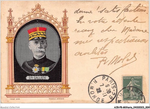 AJBP8-0737 - MILITARIA - général gallieni CARTE EN SOIE BRODEE