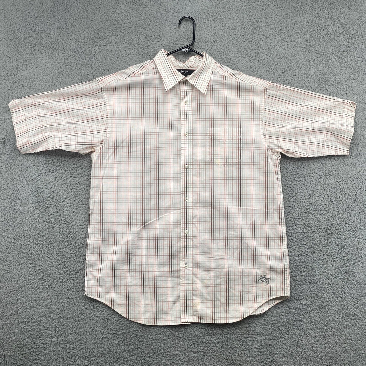 Sean Jean Short Sleeve Button Up Shirt Mens XL White Plaid Casual