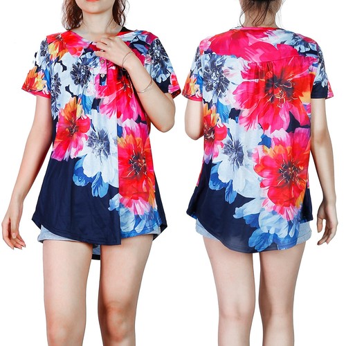 Womens Casual Tops Summer Short Sleeve T Shirts Cute Floral Printed Button Shirt - Picture 5 of 30