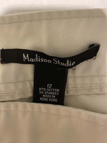 Madison Studio Size 12 Women’s Stretch Beige Cropped Pants Cuffed Hem Flaw - Picture 8 of 11
