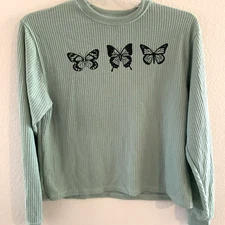 Modern Lux Top Womens XS Green Butterfly Waffle Knit Relaxed