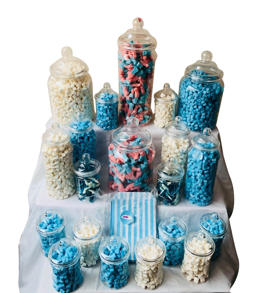 Candy Buffet Party Clear Plastic Sweet Jar Bundle 20 Jars & 100 Blue