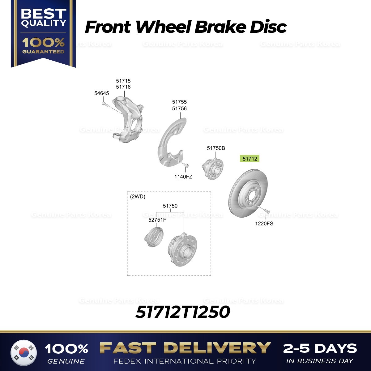 ⭐Genuine⭐ Front Wheel Brake Disc 51712T1250 for Hyundai Genesis