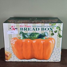 KK Merchandise Ceramic Bread Box Orange Pepper Lidded Hand Painted 10inX14inX7in