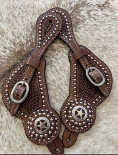 MENS Basketweave Tooled Leather Western Pair of Spur Straps Texas Star Conchos