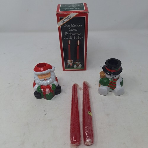 Vintage Christmas Santa Snowman Candle Holder Porcelain 2 Red 6 Inch Tapers - Picture 2 of 13