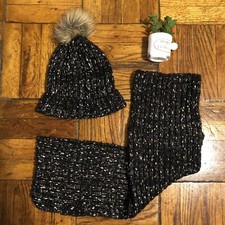 Betsey Johnson Cryatal Black Silver Metallic Pom Pom Beanie  Infinity Scarf Set