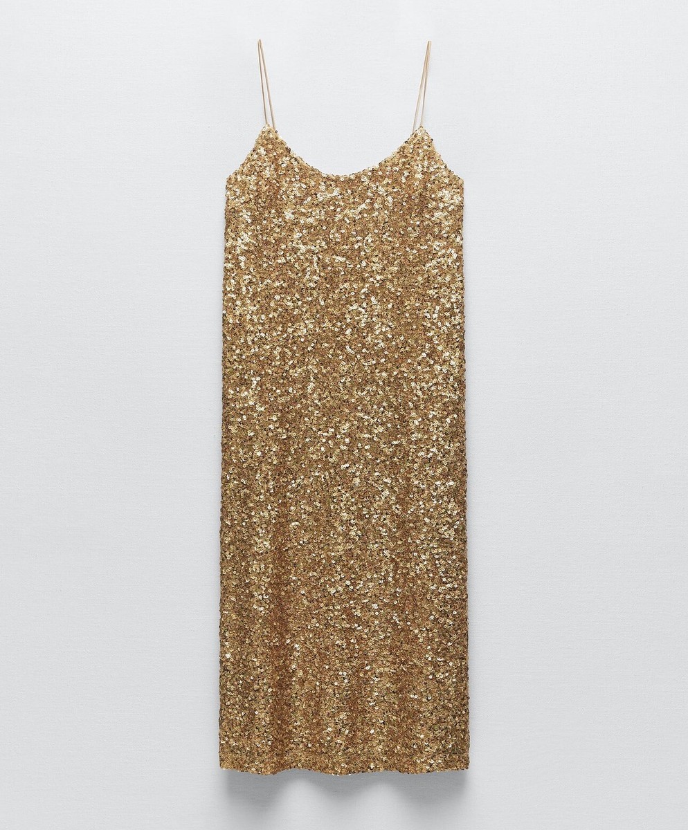 ZARA WOMEN SIZE S SEQUIN KNIT SLIP GOLDEN DRESS LIMITED EDITION NWT | eBay