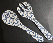 Tommy Bahama Salad Server Fork and Spoon Set, Blue And White, Melamine, New