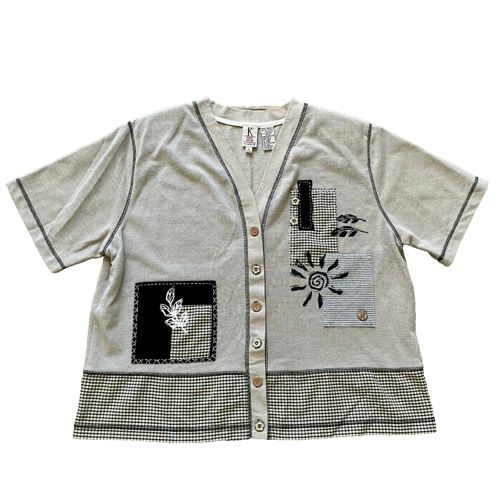 Gingham Patchwork Short Sleeve Button Front Shirt… - image 1