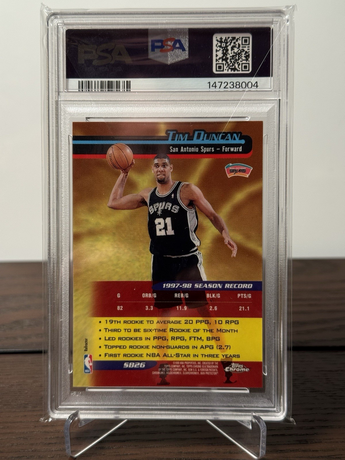 1998-99 Topps Chrome Tim Duncan Season’s Best Refractor #SB26 PSA 9 Mint Vintage view 2