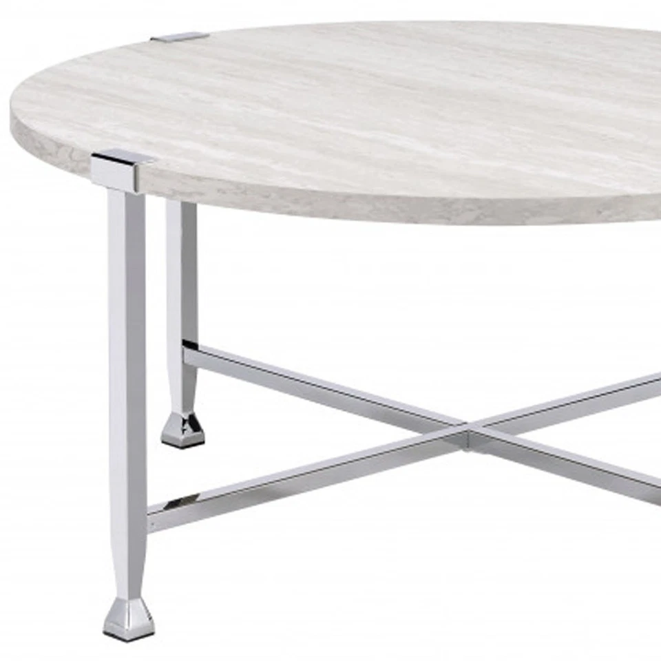 Mesa de centro 36" de metal blanco y plateado con patas cruzadas redondas Foto 4 de 4