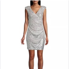 Aidan Mattox Sequin Ruched Cocktail Party Dress Sz 12 Champagne Silver V-Neck