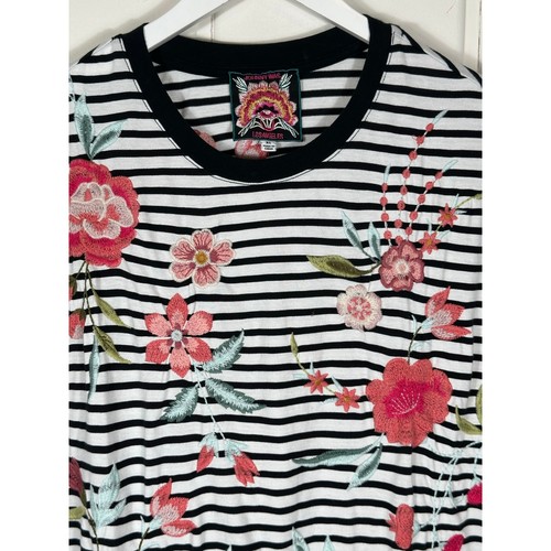 Johnny Was XS Joya Embroidered Floral Striped Tee Crew Neck Short Sleeve Boho - Picture 3 of 10