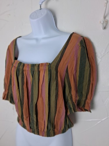 American Eagle Striped Crop Top Size Small Peasant Milkmaid Regency Square Neck - Picture 3 of 9