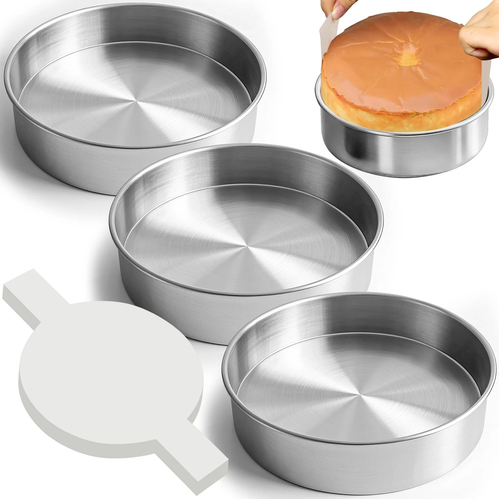 "6 Inch Cake Pan Set of 3 with Parchment Paper, Stainless Steel Bakeware"