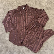 Victoria's Secret Satin Pajama Set Sz S Brown Iconic Stripe Shirt Pants 2 Pc