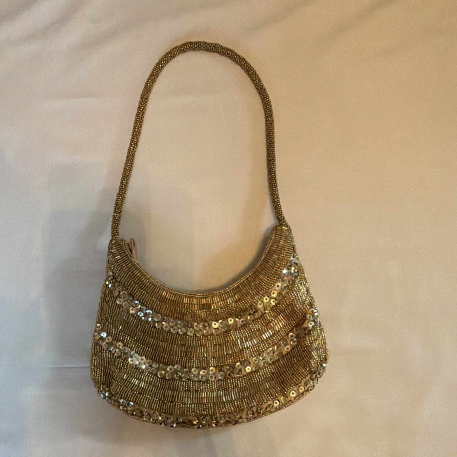 La Regale Gold Beaded Sequin Crescent Shoulder Bag Metallic Party Formal