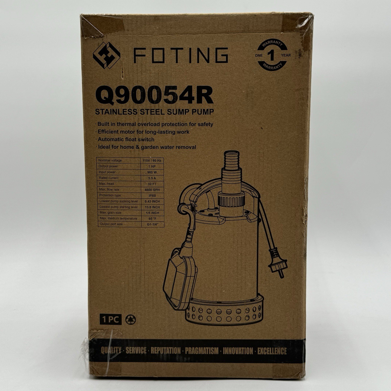 1HP 4600GPH Automatic 304 Stainless Steel Sump Pump with Float Switch