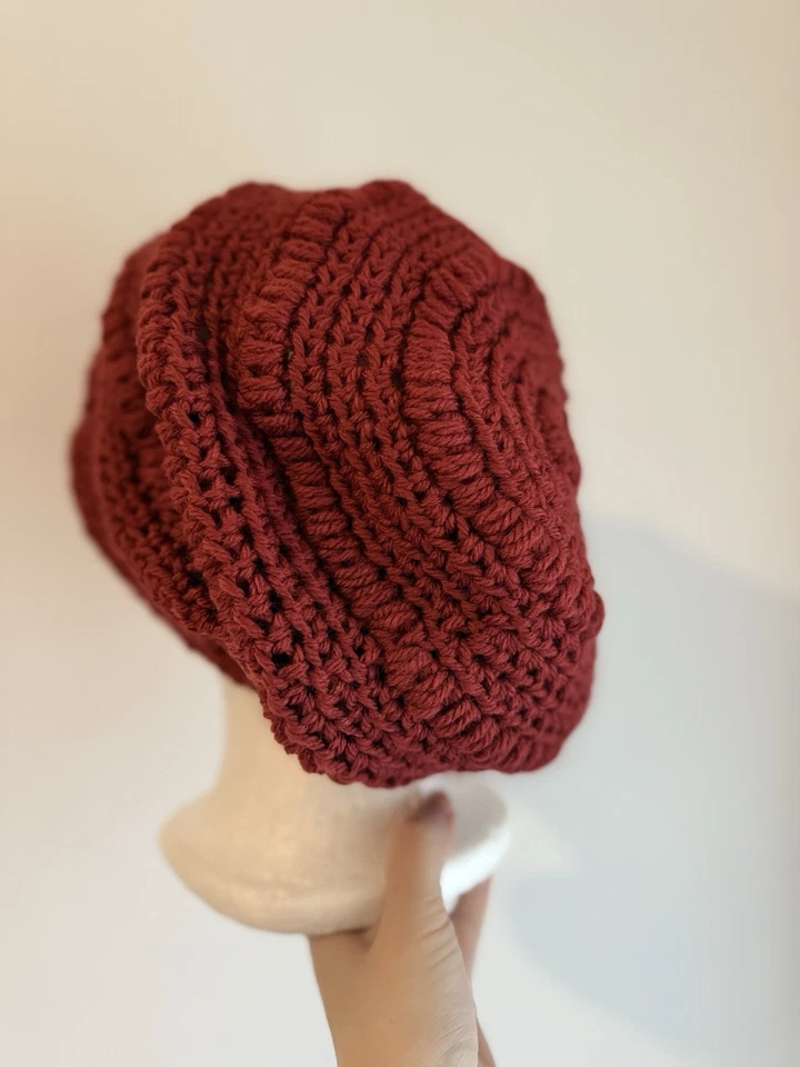 Hand Knit Beanie Women Cable Slouchy Hat in Burgundy - image 3 of 4