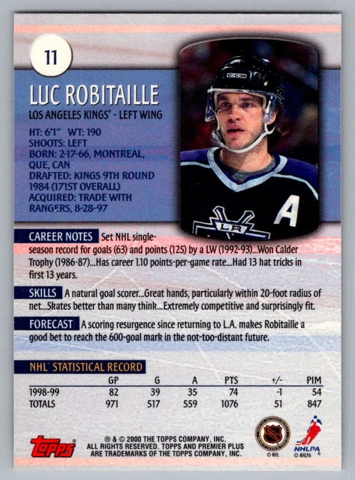 1999-00 Topps Premier Plus Luc Robitaille Los Angeles Kings #11 - Image 2 of 2