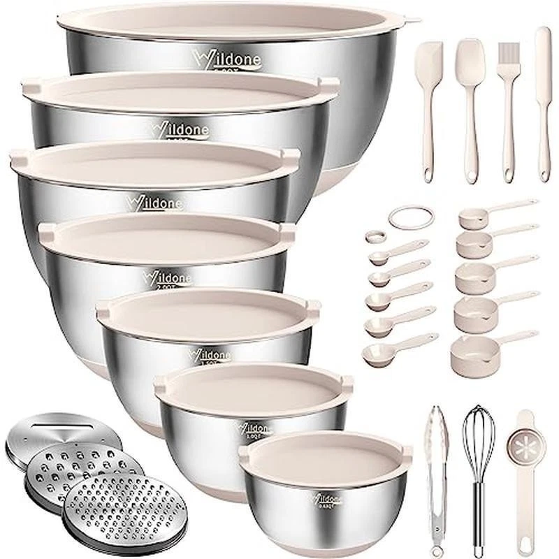 27PCS Mixing Bowls Set Stainless Steel Airtight Lids Grater Non-Slip Bottom Home