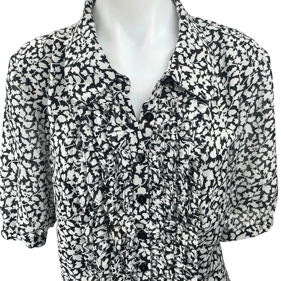 Blusa Top Vintage Linea by Louis Dell'Olio Negra Blanca Floral Abotonada Talla L Foto 3 de 4