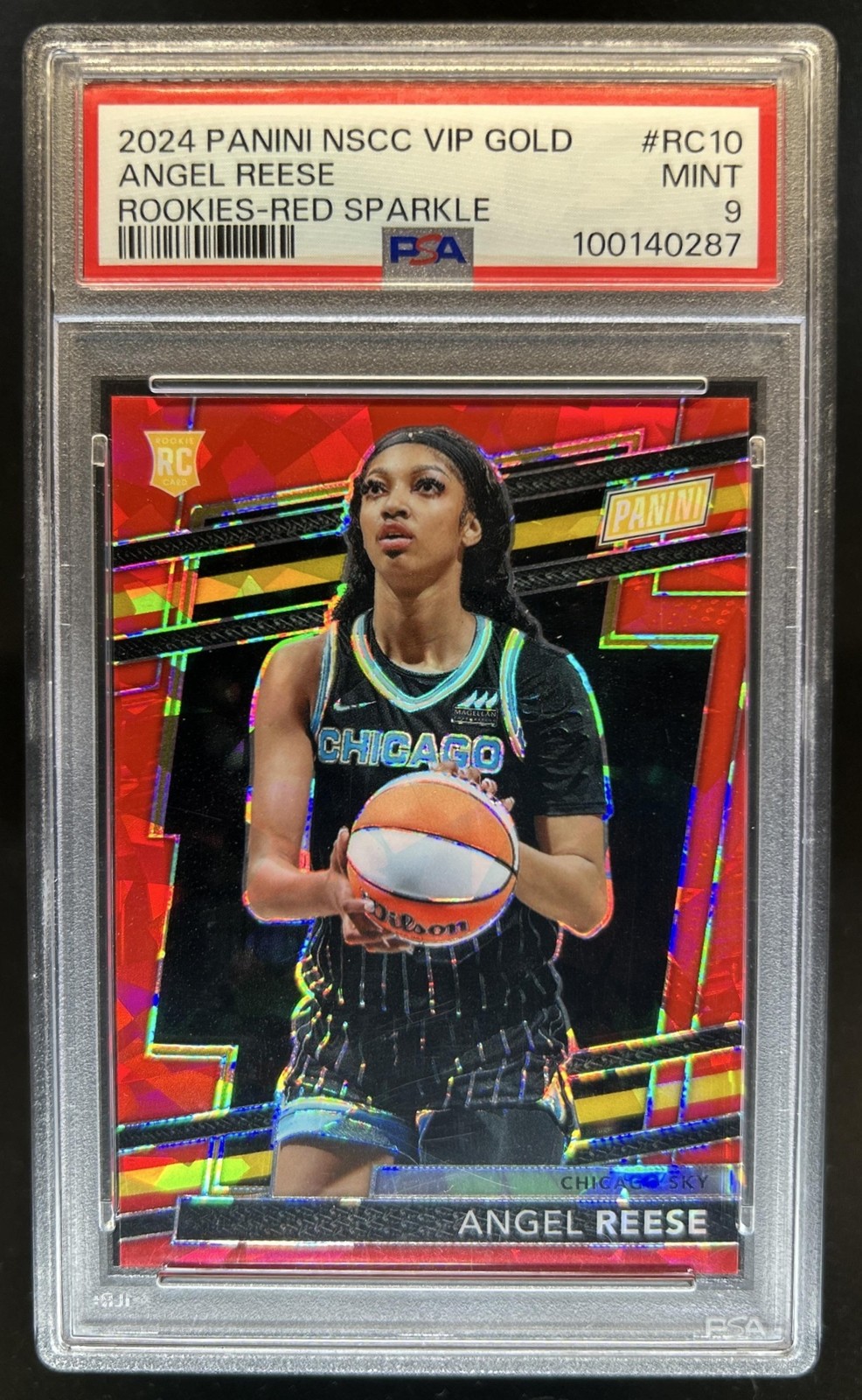 2024 Panini NSCC VIP Party Angel Reese Rookies RC Red Sparkle #/149 PSA 9 view 1
