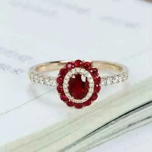 2 CT Oval Cut Lab-Created Red Ruby Halo Engagement Rings 14K Yellow Gold Plated - Picture 1 of 7