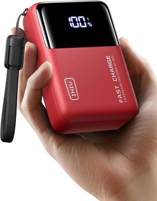 Iniu Power Bank 20000mAh, Fast Charge 65W, USB-C, USB-A, USB-C Go Cable, Red