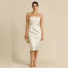 David’s Bridal Strapless Dress Cream and Shimmering w/ Gold Button Detail-Size 4