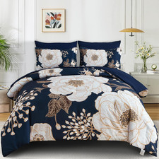 Floral King Comforter Set 7 Pieces Bed in a Bag, White Flower Print on Navy Blue