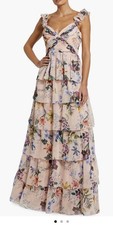 IEENA for Mac Duggal Pink Multi Floral Chiffon Ruffle V-Neck Maxi Dress 10