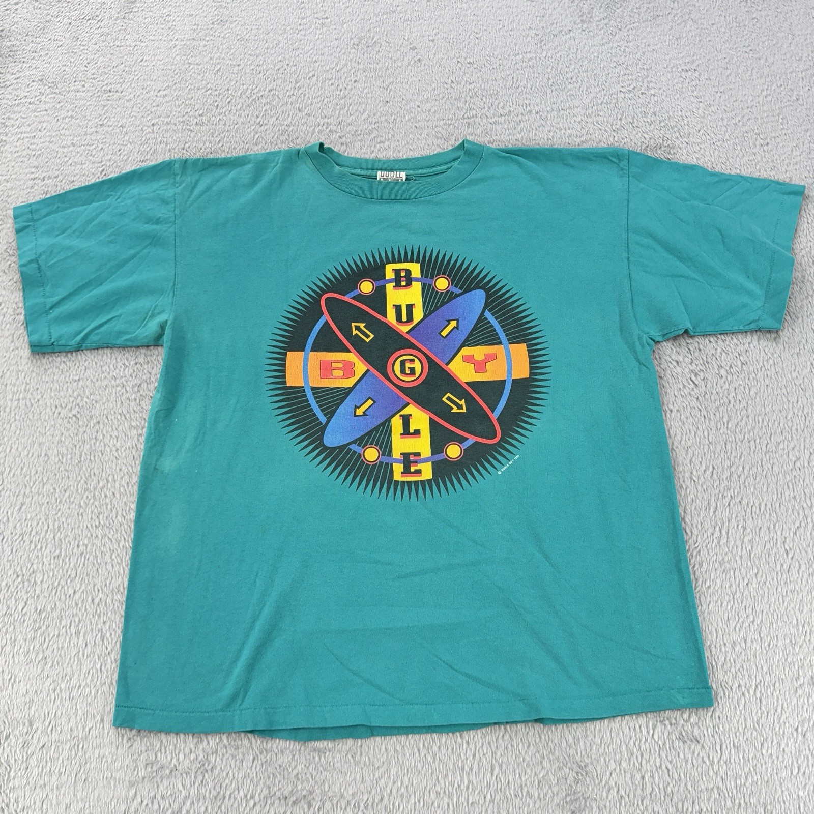 Vintage Bugle Boy shirt mens Large 1992 teal nlue graphic y2k surf skate 90s tee