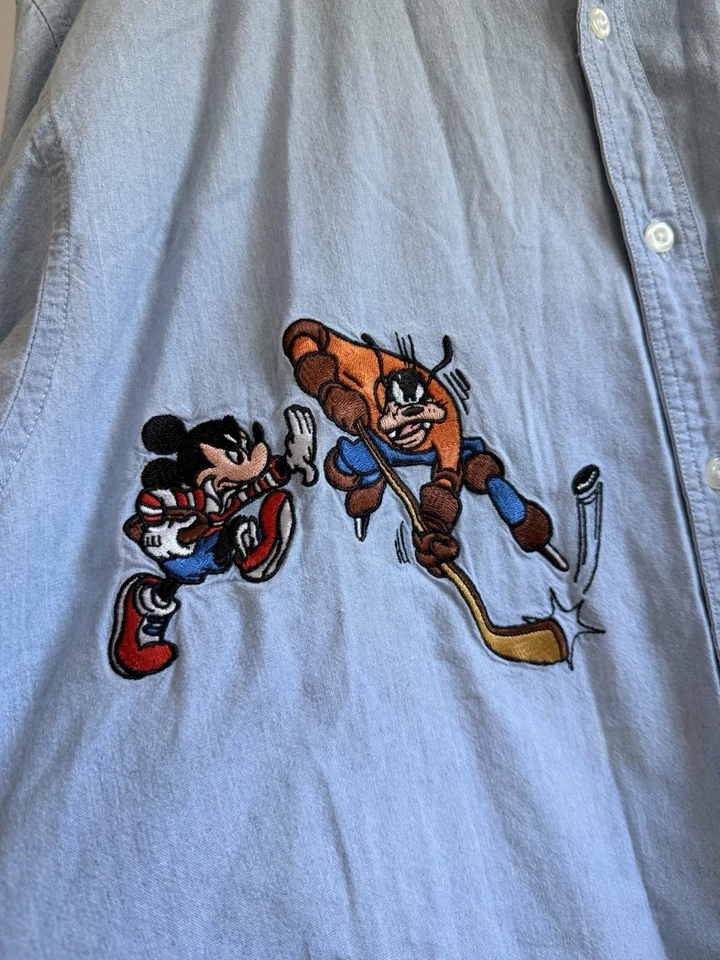 Camisa Denim Vintage Disney Mickey Goofy & Donald Bordada Deportiva Talla L Foto 4 de 4