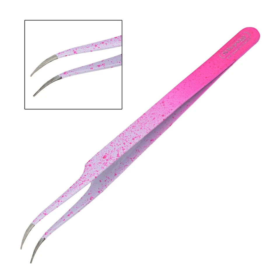 SHYNE U.K 5" TWEEZERS CURVED BEAUTY EYEBROW SHARP EYELASHES EXTENSION PINK DOTTED