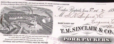 1891 T. M. Sinclair & Co Pork Packers CEDAR RAPIDS IA Billhead 4.5''H