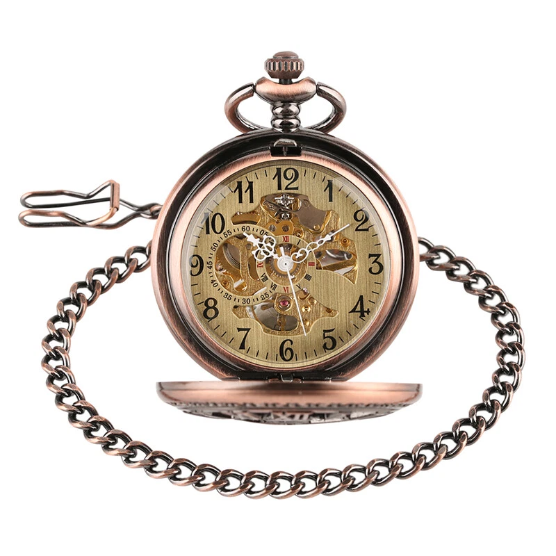 Reloj de Bolsillo Mecánico Hombre Engranaje Rojo Cobre Estuche Esqueleto Steampunk con Cadena Foto 3 de 4