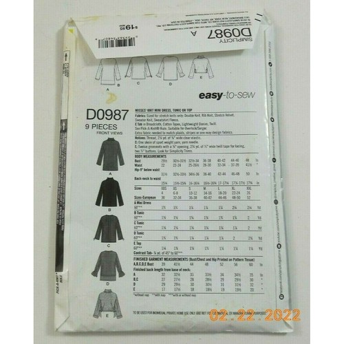 Simplicity Sewing Pattern Knit Mini Dress Tunic Pattern D0987 A Size XXS XXL - Picture 2 of 3