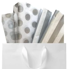 Gift Wrapping Tissue Paper --48 Large Sheets -SILVER DOT/STRIPE -  30" x 20"