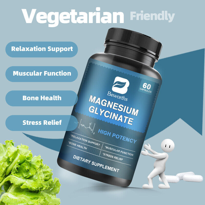 Magnesium Glycinate Supplements – High Absorption, Supports Sleep, Stress Relief, Anxiety, With Vitamin B6 & D, Vegan