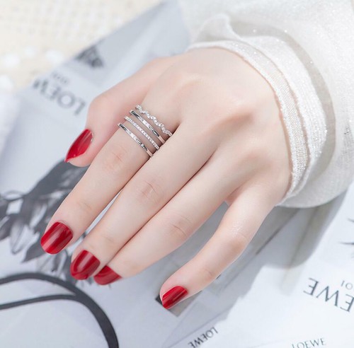 Silver White/Rose Gold W-Shape Wave Pave Cubic Zirconia Promise Adjustable Ring - Picture 3 of 4