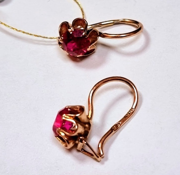 Earrings Vintage Ruby Rose Red Gold 14K ⭐ 583 Soviet Star USSR