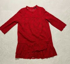 Zara Basic Dress Red Lace 3/4 Sleeve Ruffles on Bottom and Neck Size M
