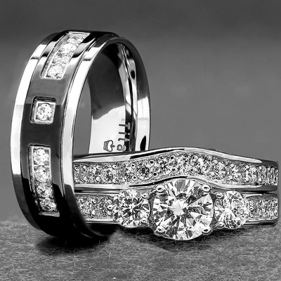 His and Hers Wedding Rings 3 piece 925 Sterling Silver Titanium